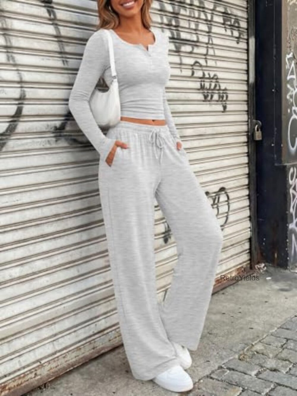 Women's 2 Piece Lounge Set Henley Neckline Wide Leg Pants - Picture 4 of 5